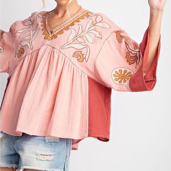 Embroidery Detailing Cotton Gauze Babydoll Top - Picture 3 of 4